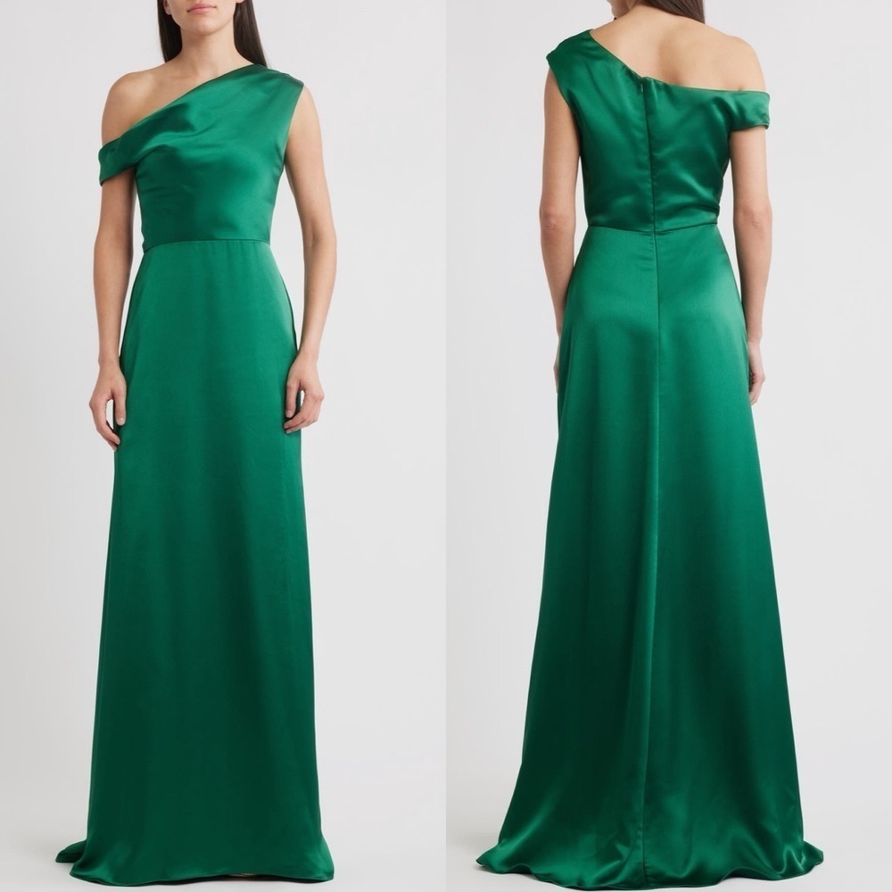 AMSALE NWT Alden One Shoulder Satin Gown in Emerald 2